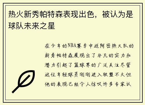 热火新秀帕特森表现出色，被认为是球队未来之星